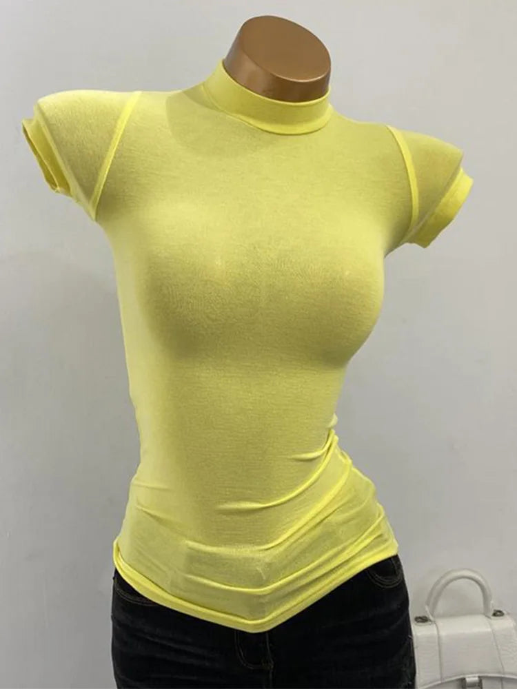 Half-high Collar T-shirt korean Transparent Short-sleeved Slim-fit Elastic Solid Inner Bottoming Shirt Sexy Big Chest T-shirt