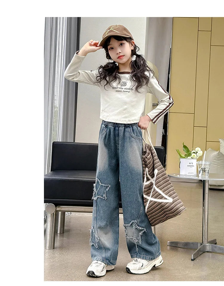 School Girl Star Design Jeans Trouser Teens Casual Loose Jeans for Girls Elastic Waist Fashion Kids Straight Fit Pants 5 To 14 Y