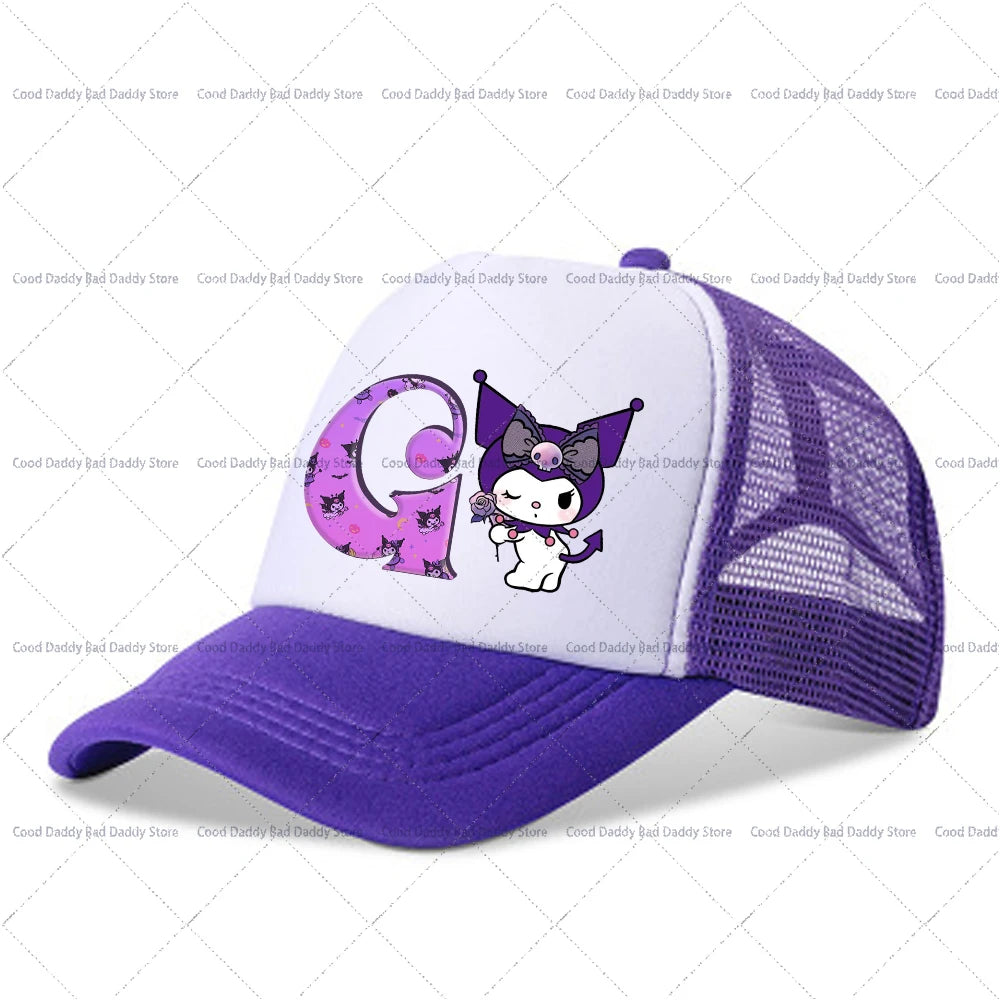 Kuromi A-Z Letter Printed Baseball Caps Adult Kids Purple Hats Summer Casquette Sanrio Y2K Graphic Beanies Kawaii Accessories