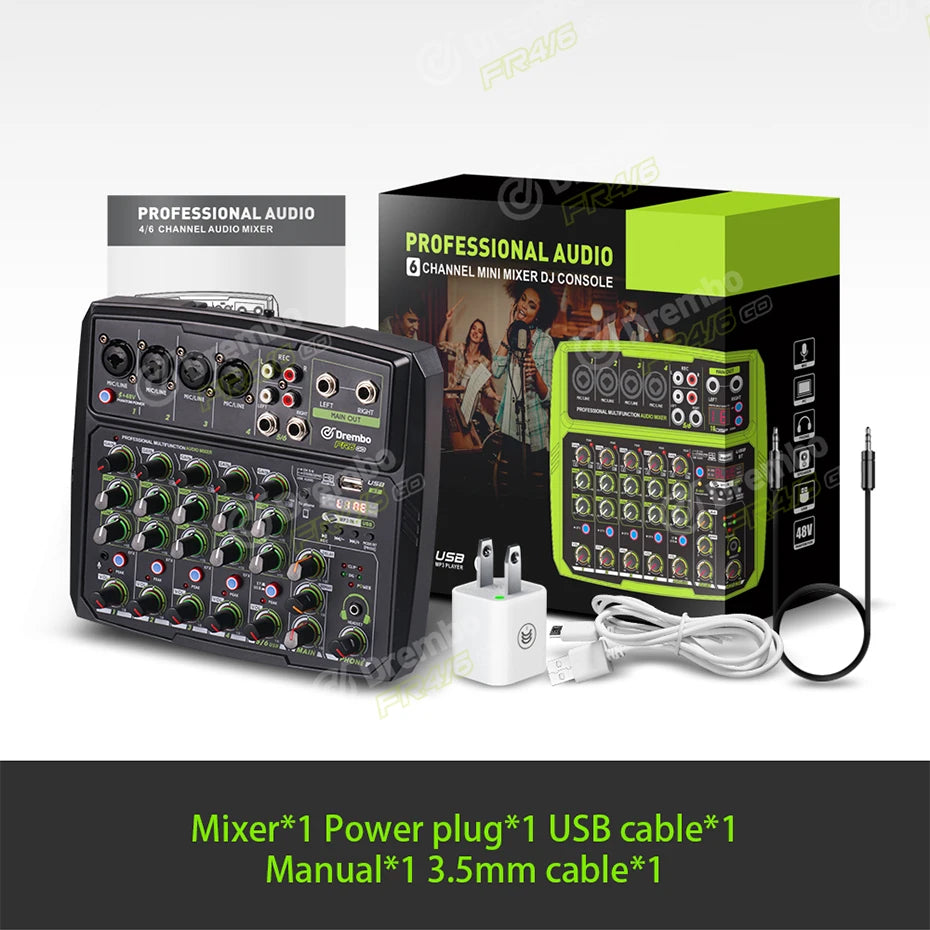 Debra 4/6 Channel Mixer Audio Mixer, DJ Console Mixer with Bluetooth 48V Phantom Power Delay Replay Effects for Bar Gigs