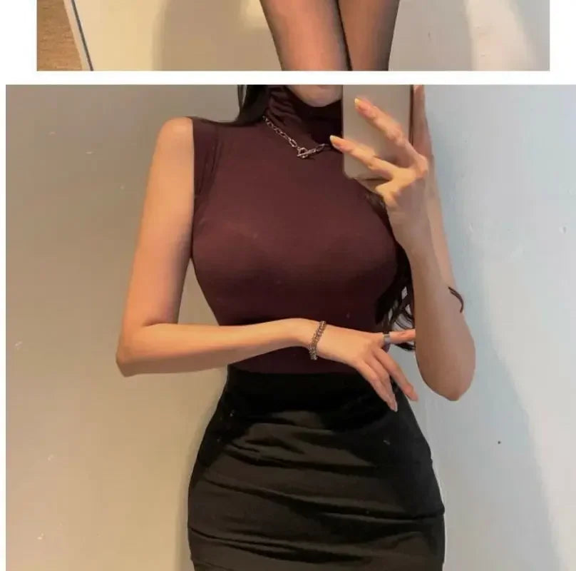 Sexy Turtleneck Sleeveless T Shirts Female Vintage Women Clothing 2023 Summer New Slim Tee Shirt Femme Fashion Korean Y2K Tops