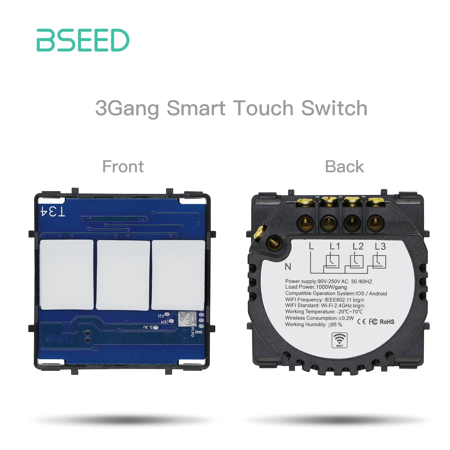 Bseed EU Standard The Base Of Wifi Touch Switch Function 1/2/3Gang  AC110~240V APP Control Wall Light Switch Without Glass Panel