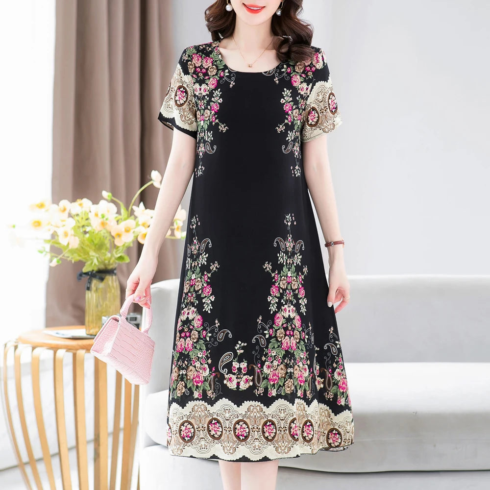 New Fashion 2024 Summer Dress For Long Vintage Loose Women Elegant Short Sleeve Casual O-neck Dresses Print Woman Clothing