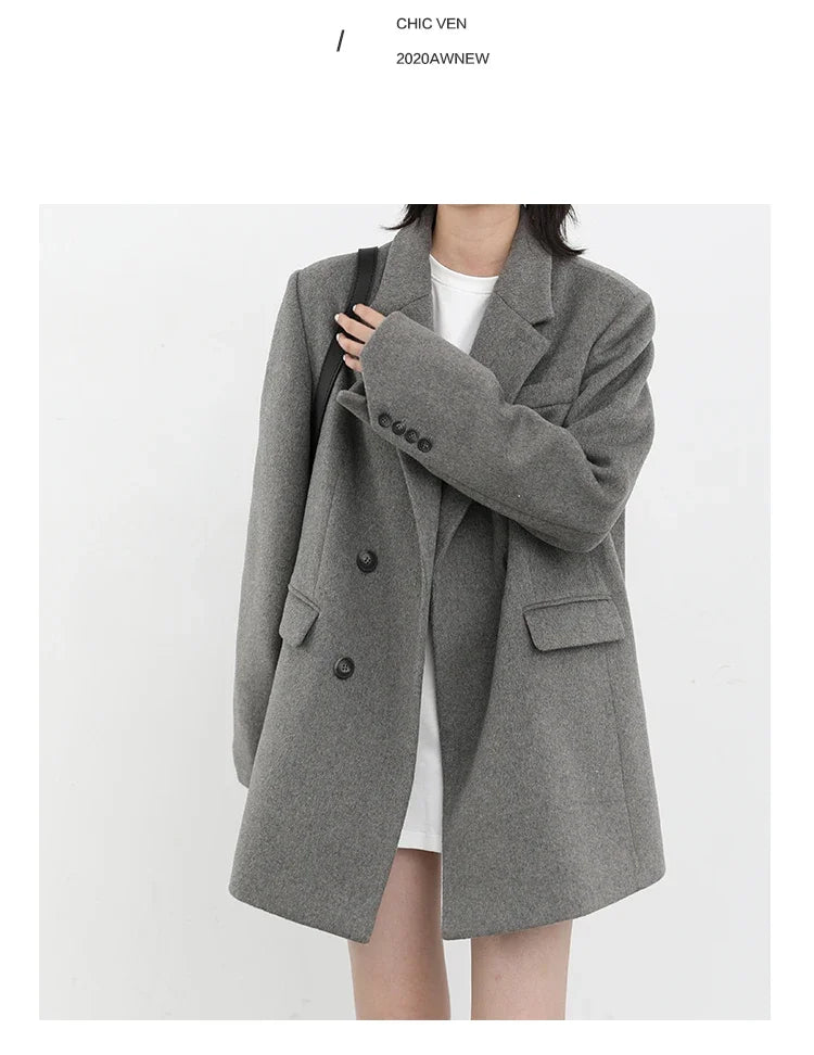 CHIC VEN Autumn Winter Women Coats Wool Blend All-match Mid-length Blazer Women's Woolen Overcoat Female Fashion Clothing 2023