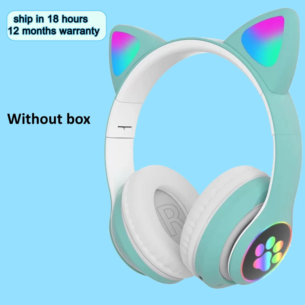 Flash Light Cat Ears Headphones Wireless With MIC Control LED Kid Girl Stereo Cute Music Helmet Bluetooth Phone Headset Earphone