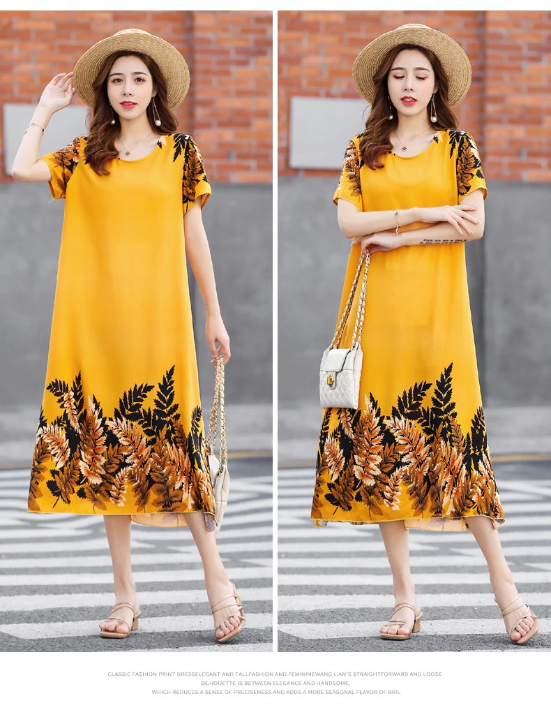 New Fashion 2024 Summer Dress For Long Vintage Loose Women Elegant Short Sleeve Casual O-neck Dresses Print Woman Clothing