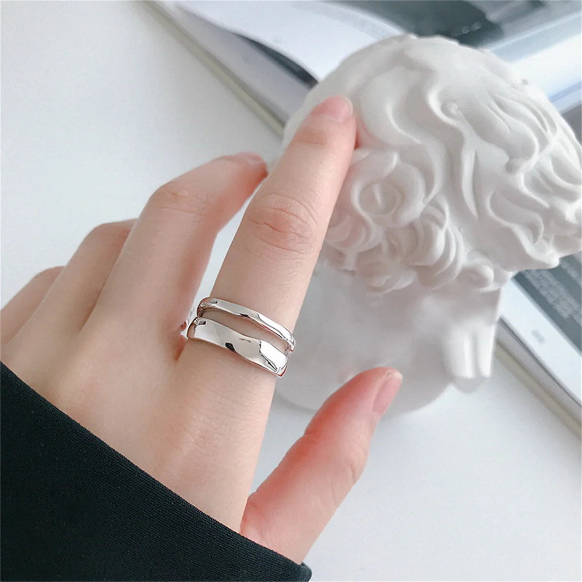 Simple Silver Color Irregular Finger Rings For Women Girls Geometric Multilayer Line Open Rings Exaggerated Bijoux Jewelry Gifts