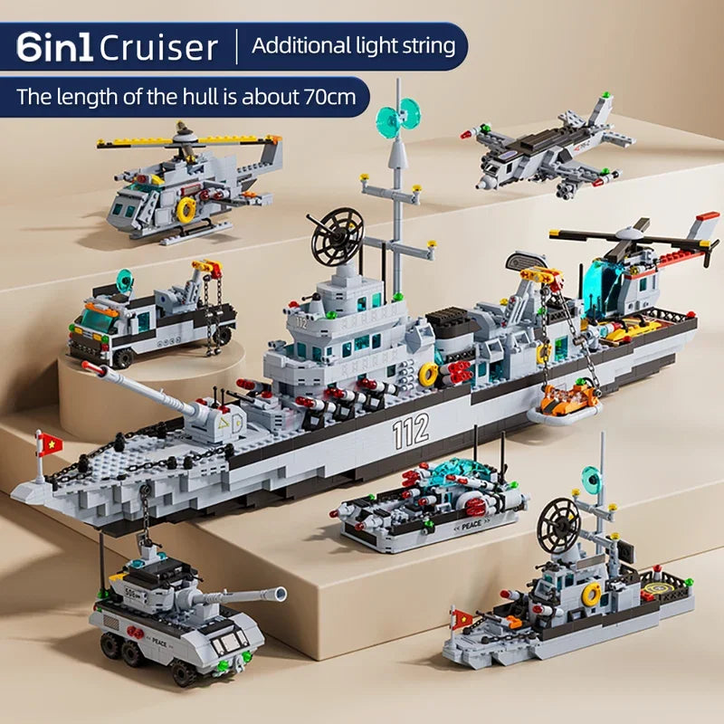 Military Ship Army Ocean Cruiser Warship Building Blocks Aircraft Weapon Ship Bricks City Toys for Children Boy Christmas Gift