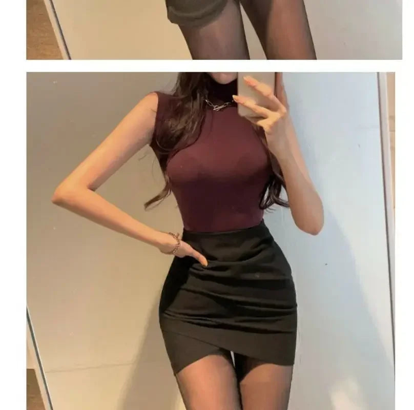 Sexy Turtleneck Sleeveless T Shirts Female Vintage Women Clothing 2023 Summer New Slim Tee Shirt Femme Fashion Korean Y2K Tops