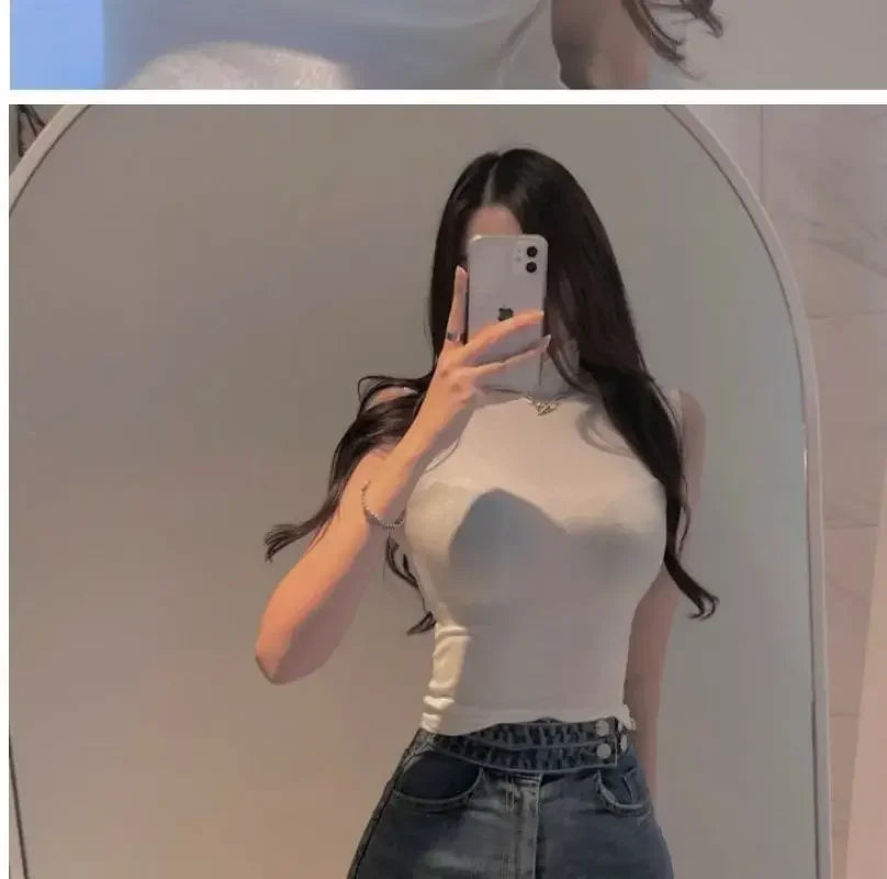 Sexy Turtleneck Sleeveless T Shirts Female Vintage Women Clothing 2023 Summer New Slim Tee Shirt Femme Fashion Korean Y2K Tops