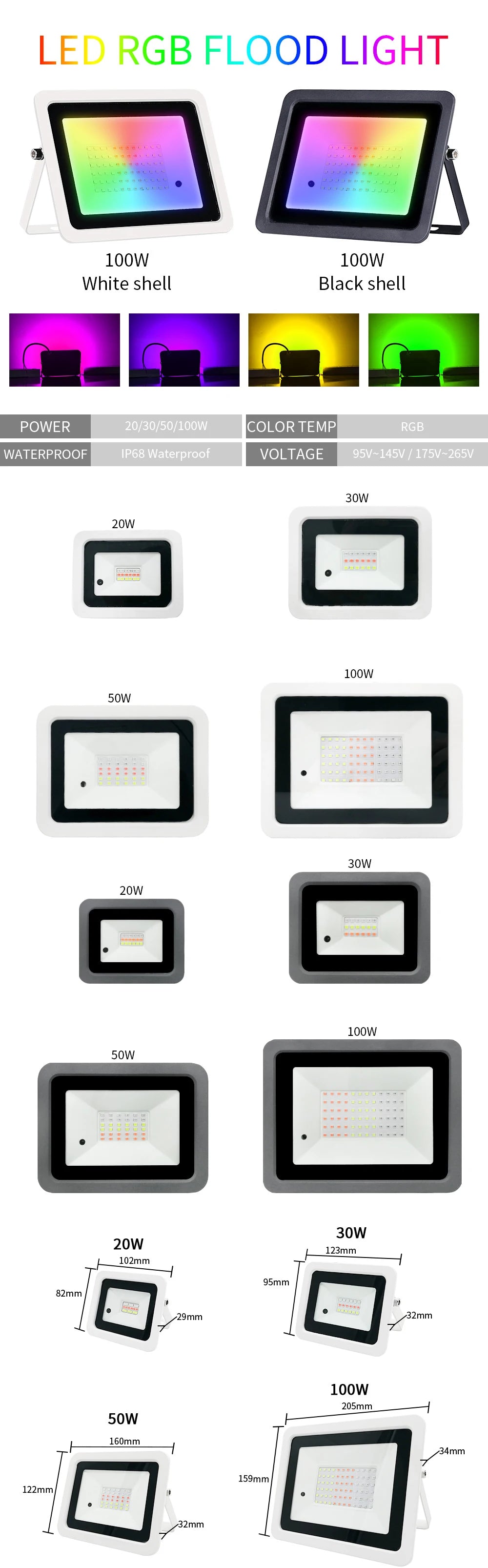 RGB Led Flood Light 100W 50W 30W 20W IP68 Waterproof Outdoor Led RGB Spotlight Reflector Lamps Landscape Lighting