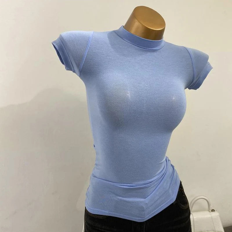 Half-high Collar T-shirt korean Transparent Short-sleeved Slim-fit Elastic Solid Inner Bottoming Shirt Sexy Big Chest T-shirt