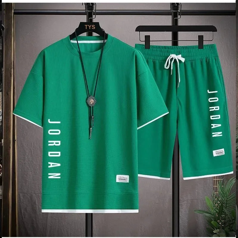 Summer fashion short-sleeved casual crew neck T-shirt + shorts two-piece men's breathable fast drying jogging basketball sports