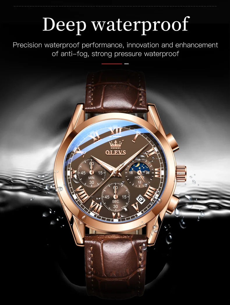 OLEVS Original Brand Men's Watches Multifunctional Moon Phase Business Quartz Watch Waterproof Luminous Leather Strap Male