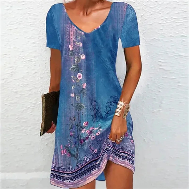 Ethnic Style Printed Women Dress Big Size 6XL Summer V-neck Short Sleeve Casual Loose Mini Dress 2023 New Elastic A-Line Dresses