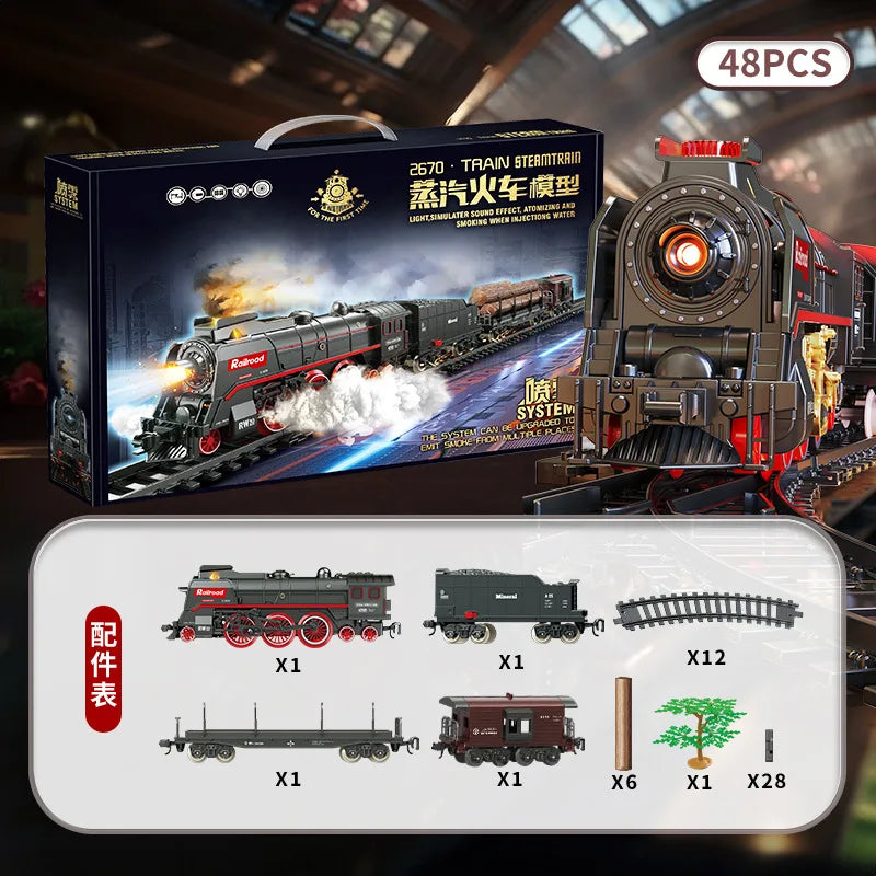 Retro Steam Train Track Suit Simulation Electric Spray Light Small Train Model Boy Gift Train Toy