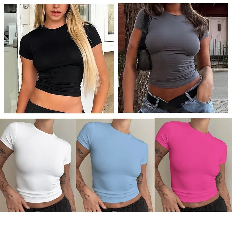 Woman Clothing Short Sleeve T-shirt Slim Fit Tops Female O-Neck Knitted Sheath Tee Shirt Street Wear Sex Sporty 2024 Y2K New2410