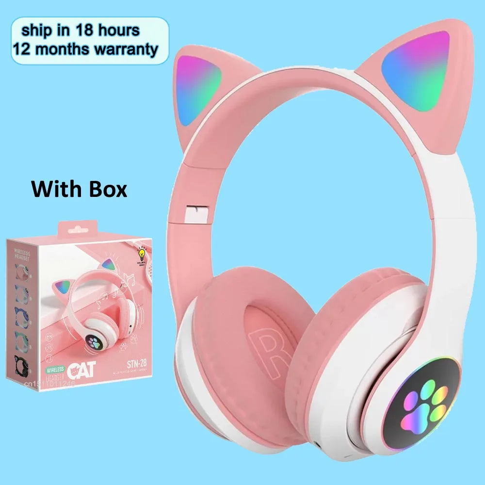 Flash Light Cat Ears Headphones Wireless With MIC Control LED Kid Girl Stereo Cute Music Helmet Bluetooth Phone Headset Earphone