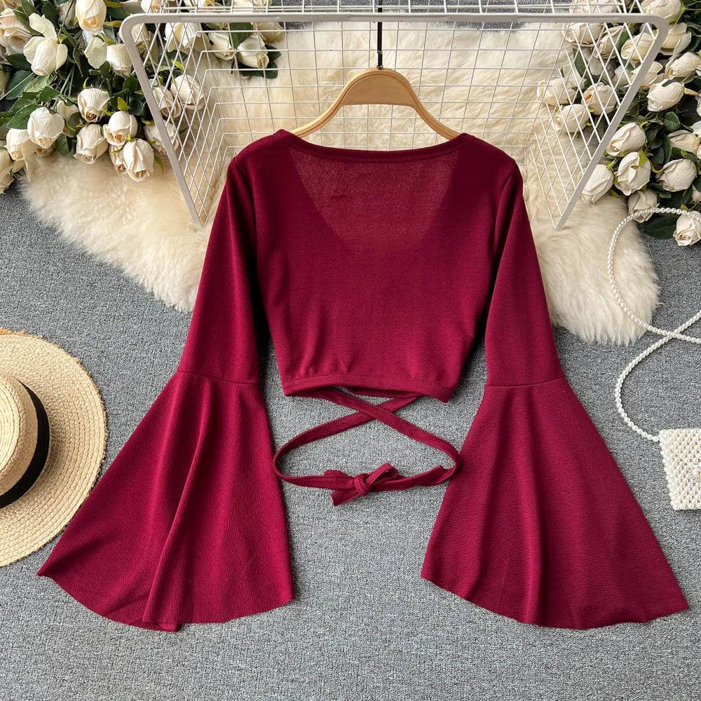 Chic Sexy Flare Long Sleeve T shirt Elegant Criss-cross Bandage Crop Top V Neck Vintage Fashion Tees Female Spring Summer Shirt