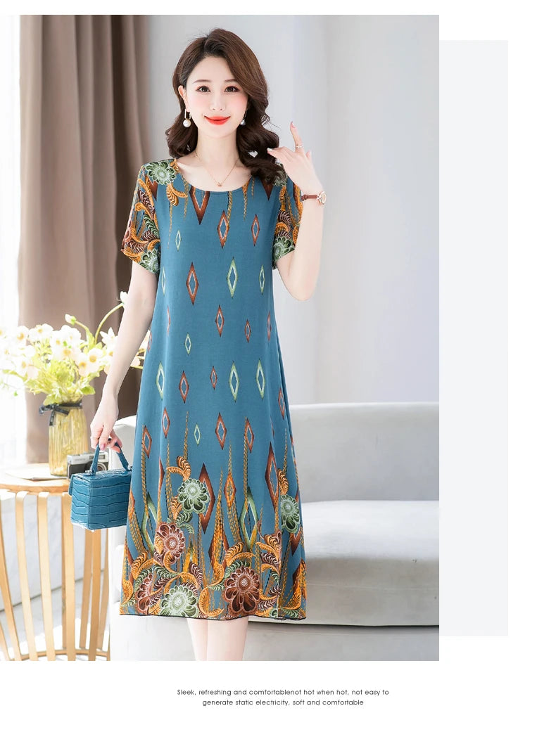 New Fashion 2024 Summer Dress For Long Vintage Loose Women Elegant Short Sleeve Casual O-neck Dresses Print Woman Clothing