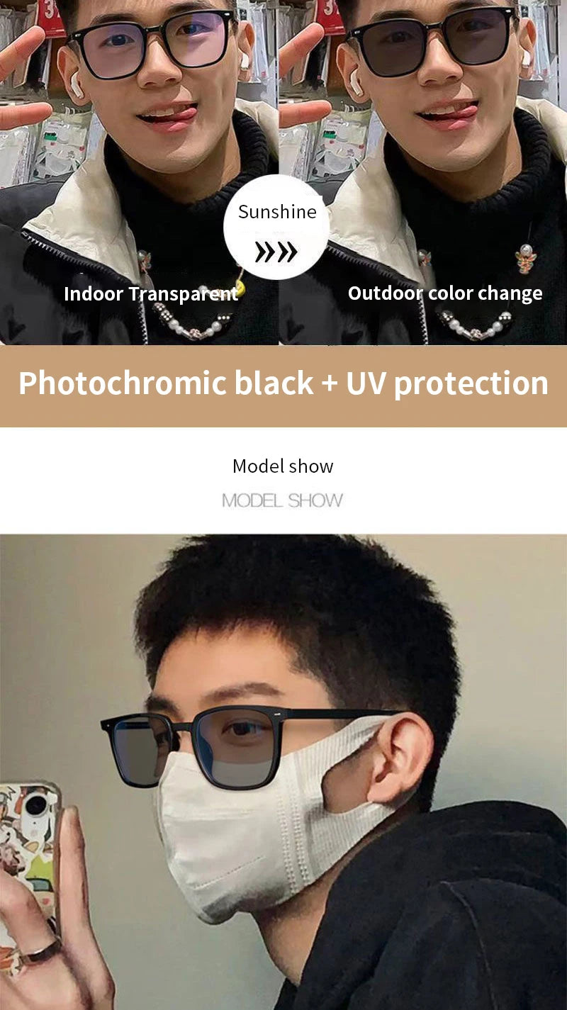 Fashion Color-changing Myopia Glasses For Women Men Square Frame Photochromic Nearsighted Eyeglasses Diopter -0.5 -1.0 To -6.0