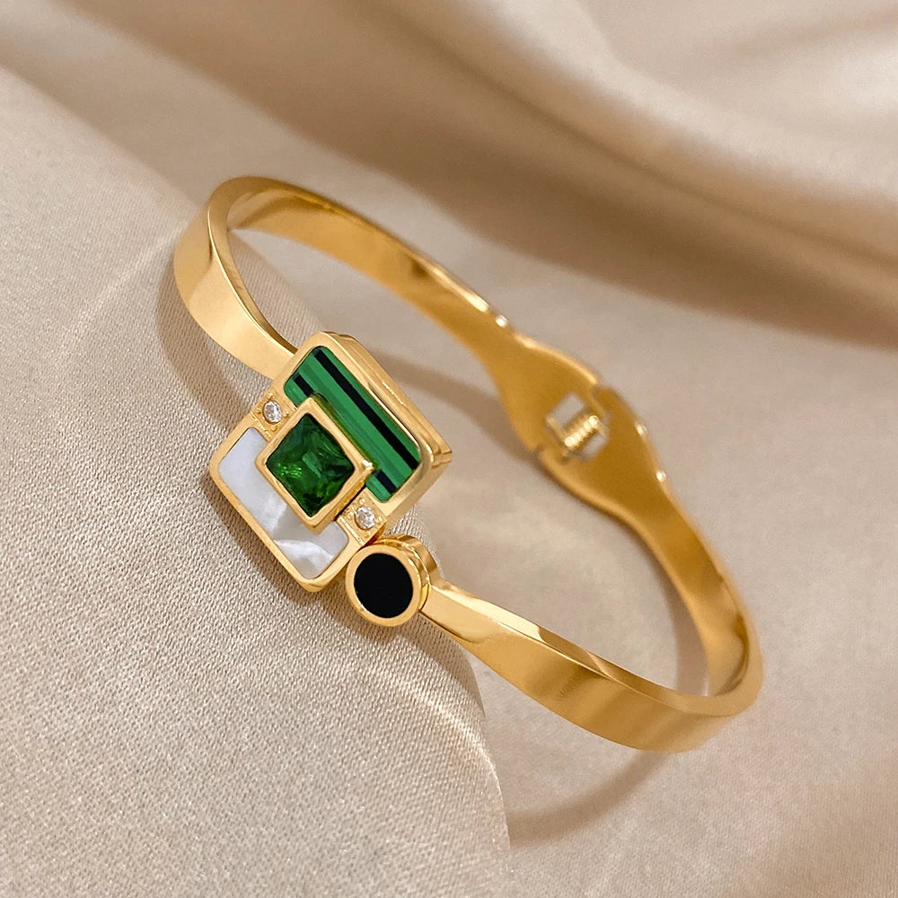 Flashbuy Trendy Chic Green Zircon Stainless Steel Bangle Bracelets for Women Charm Texture Simple Gold Color Accessories