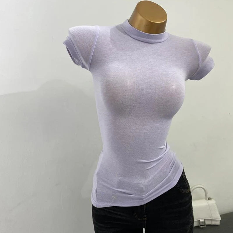 Half-high Collar T-shirt korean Transparent Short-sleeved Slim-fit Elastic Solid Inner Bottoming Shirt Sexy Big Chest T-shirt