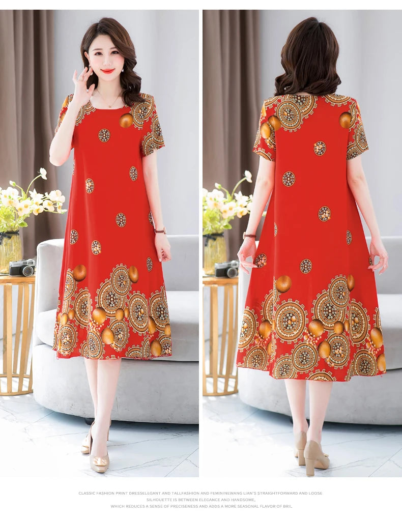 New Fashion 2024 Summer Dress For Long Vintage Loose Women Elegant Short Sleeve Casual O-neck Dresses Print Woman Clothing