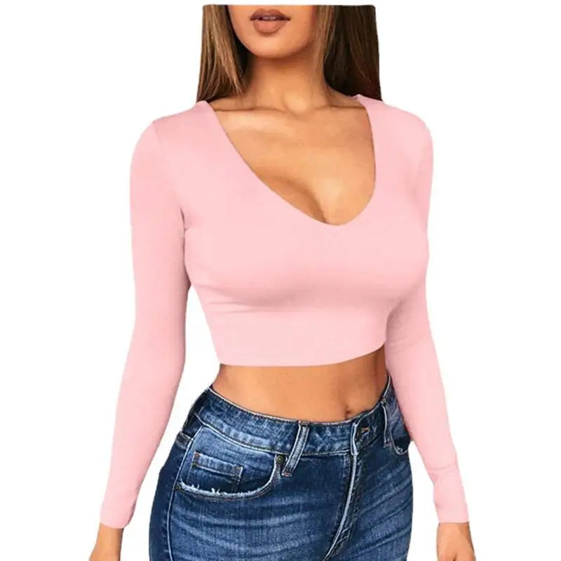 2024 Women's Slim Fit Spicy Women's Solid Color Base Shirt Sexy Ultra Short Low Cut Exposed Navel Tight Long Sleeved T-shirt Top