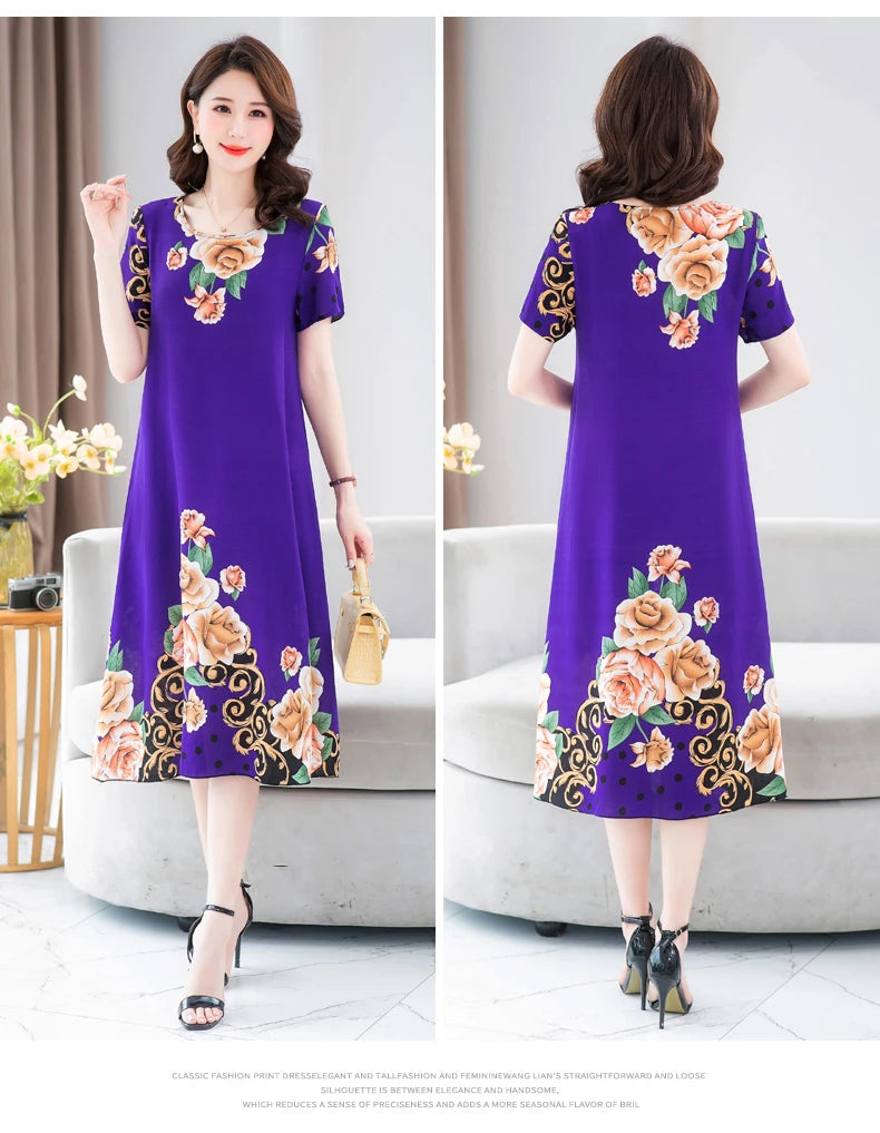 New Fashion 2024 Summer Dress For Long Vintage Loose Women Elegant Short Sleeve Casual O-neck Dresses Print Woman Clothing