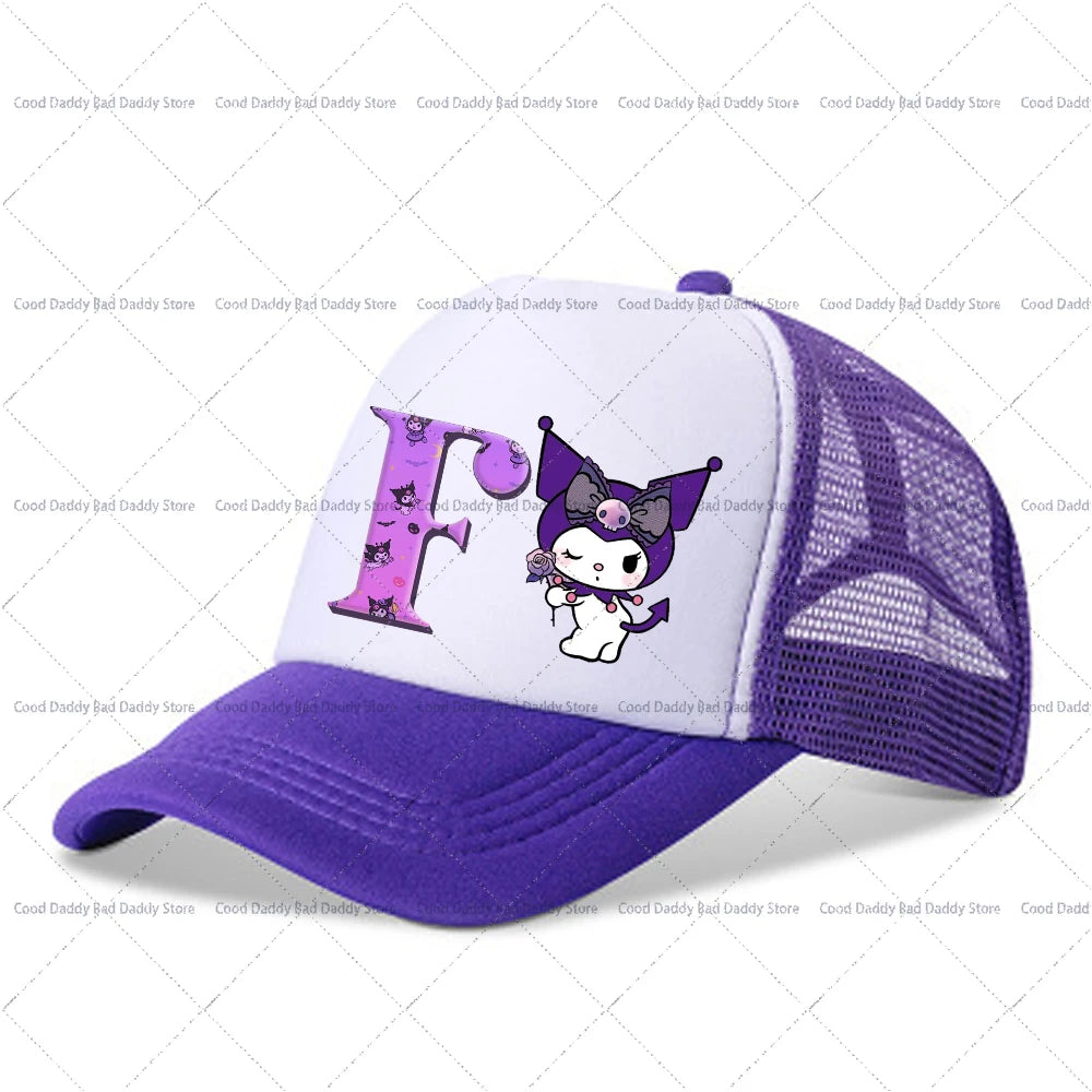 Kuromi A-Z Letter Printed Baseball Caps Adult Kids Purple Hats Summer Casquette Sanrio Y2K Graphic Beanies Kawaii Accessories