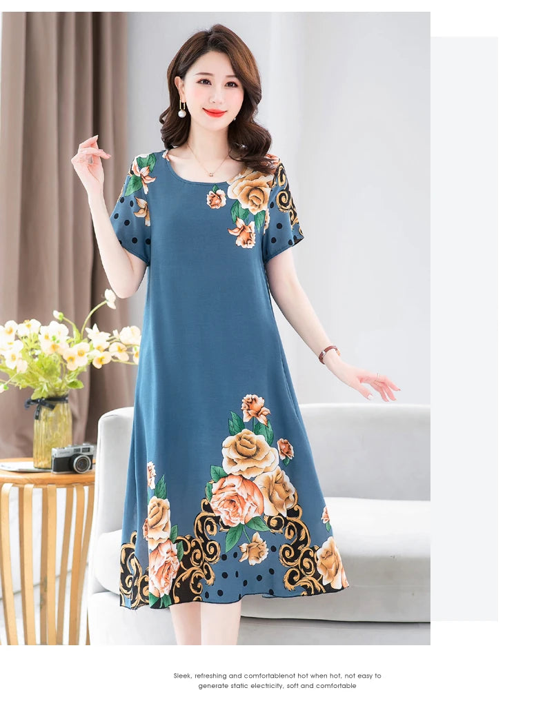 New Fashion 2024 Summer Dress For Long Vintage Loose Women Elegant Short Sleeve Casual O-neck Dresses Print Woman Clothing