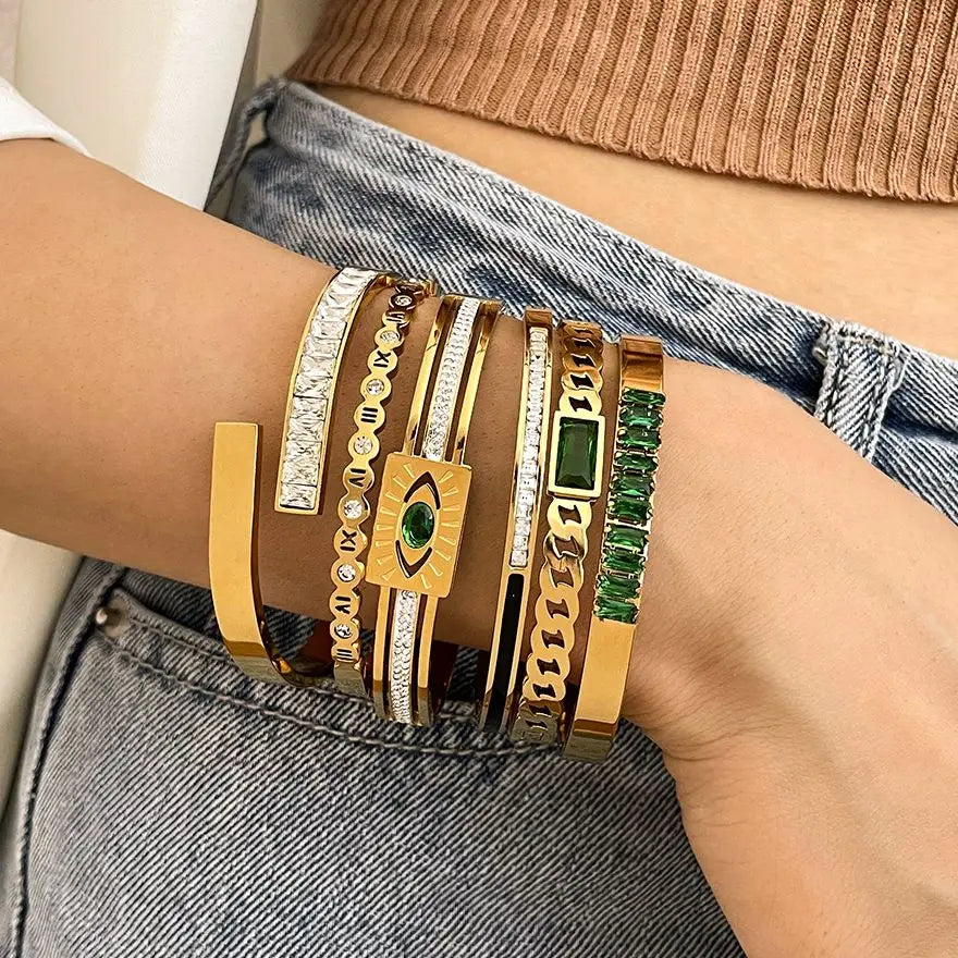 Flashbuy Trendy Chic Green Zircon Stainless Steel Bangle Bracelets for Women Charm Texture Simple Gold Color Accessories