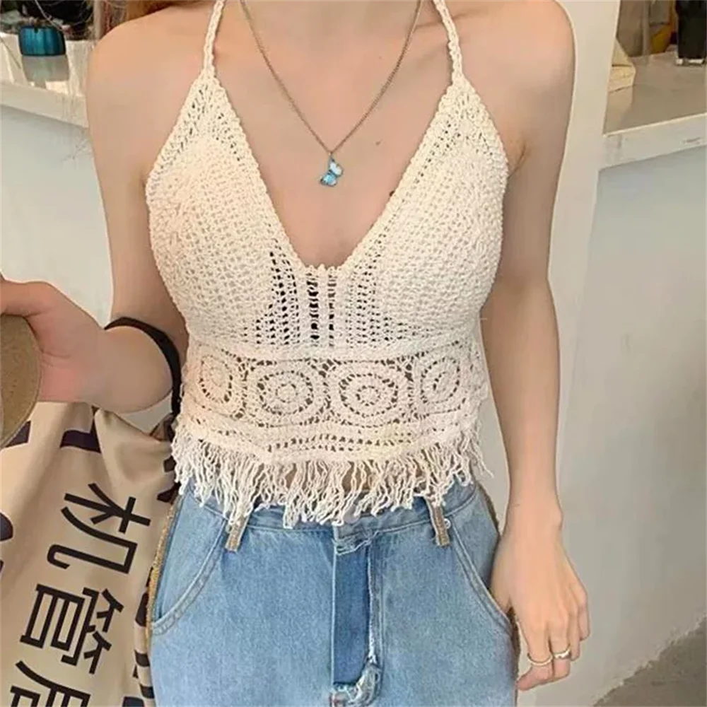 Sexy Hollow Out Underwear Women Summer Beach Short Tank Top Women Sweet Knitted Bra Tassel Women Short Top Debardeur Femme