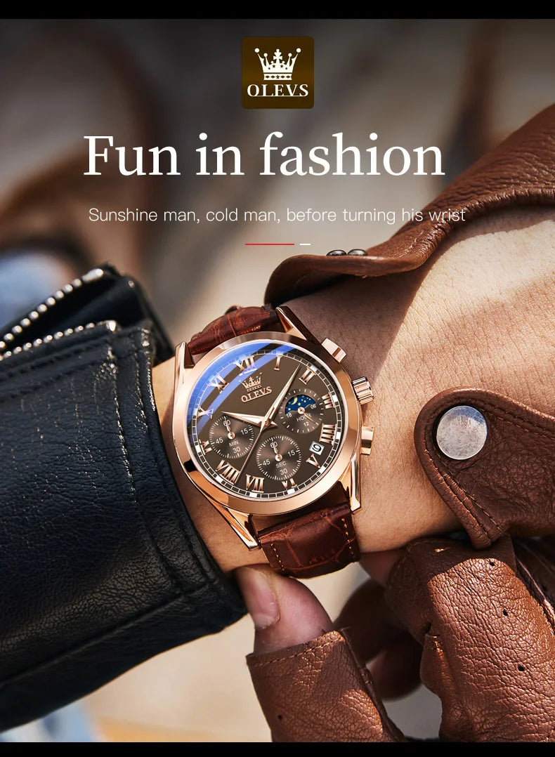 OLEVS Original Brand Men's Watches Multifunctional Moon Phase Business Quartz Watch Waterproof Luminous Leather Strap Male