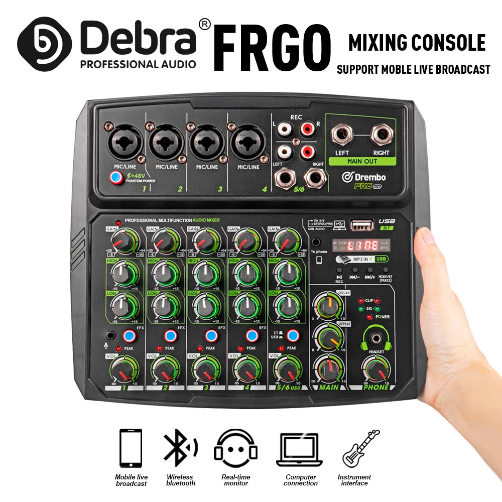 Debra 4/6 Channel Mixer Audio Mixer, DJ Console Mixer with Bluetooth 48V Phantom Power Delay Replay Effects for Bar Gigs