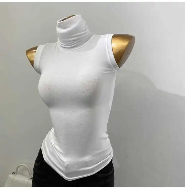 Wholesale New Base Slim T Shirts Women New Summer Crop Top Turtleneck High Strecth Sleeveless Basic Simple Skinny Solid T Shirt