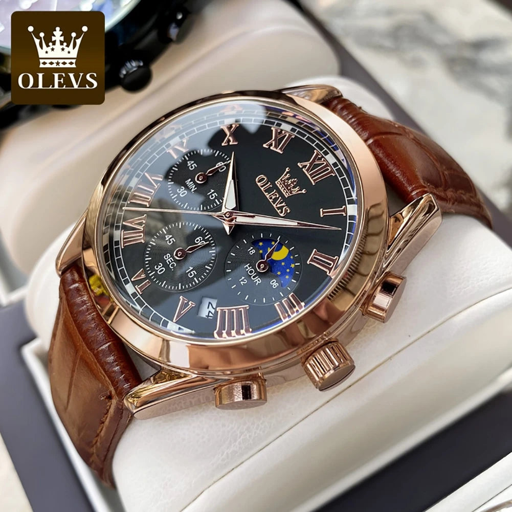 OLEVS Original Brand Men's Watches Multifunctional Moon Phase Business Quartz Watch Waterproof Luminous Leather Strap Male