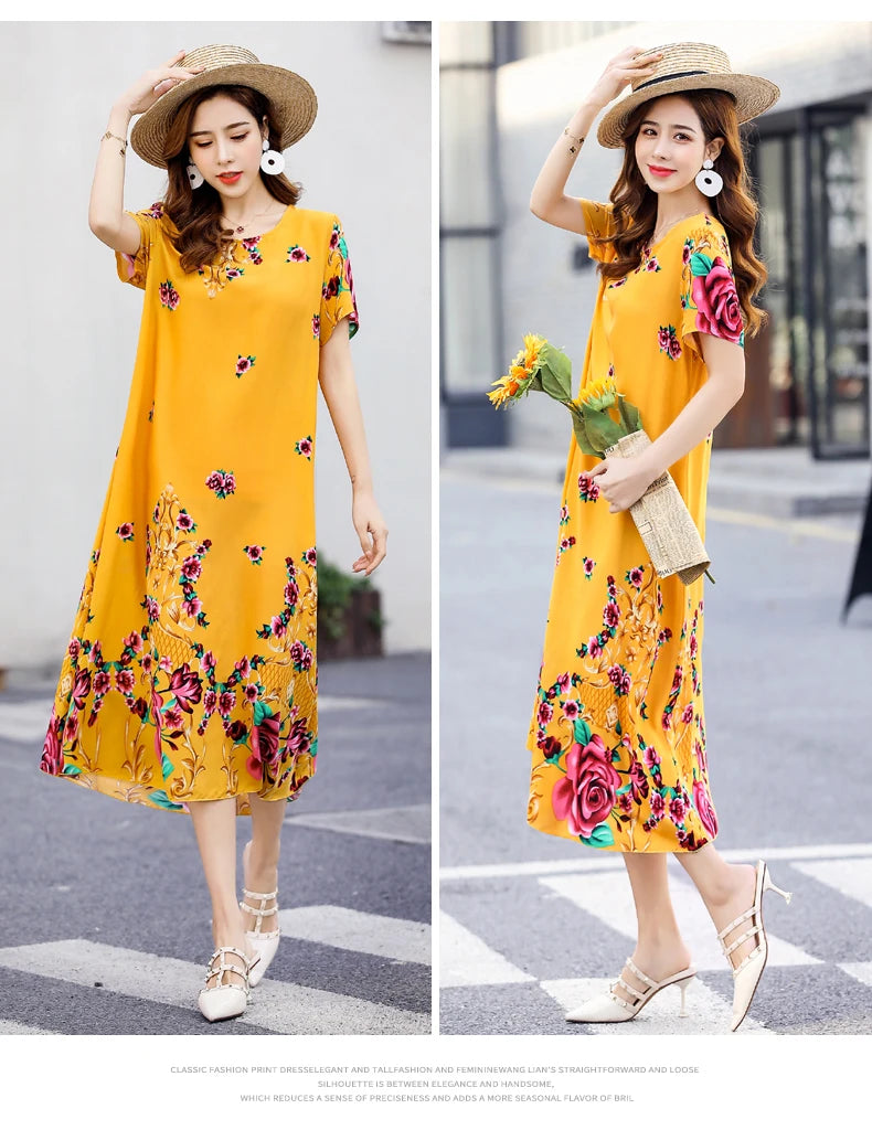 New Fashion 2024 Summer Dress For Long Vintage Loose Women Elegant Short Sleeve Casual O-neck Dresses Print Woman Clothing