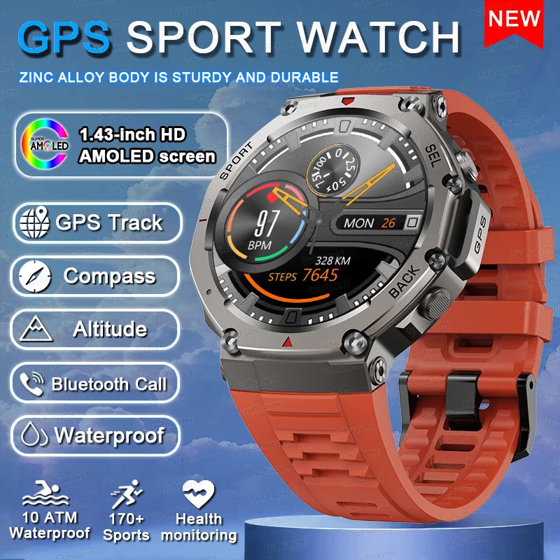 New GPS Smart Watch 1.43” HD AMOLED Display Built-in GPS Bluetooth Calls Waterproof swim Compass GPS Sports Smartwatch for Men