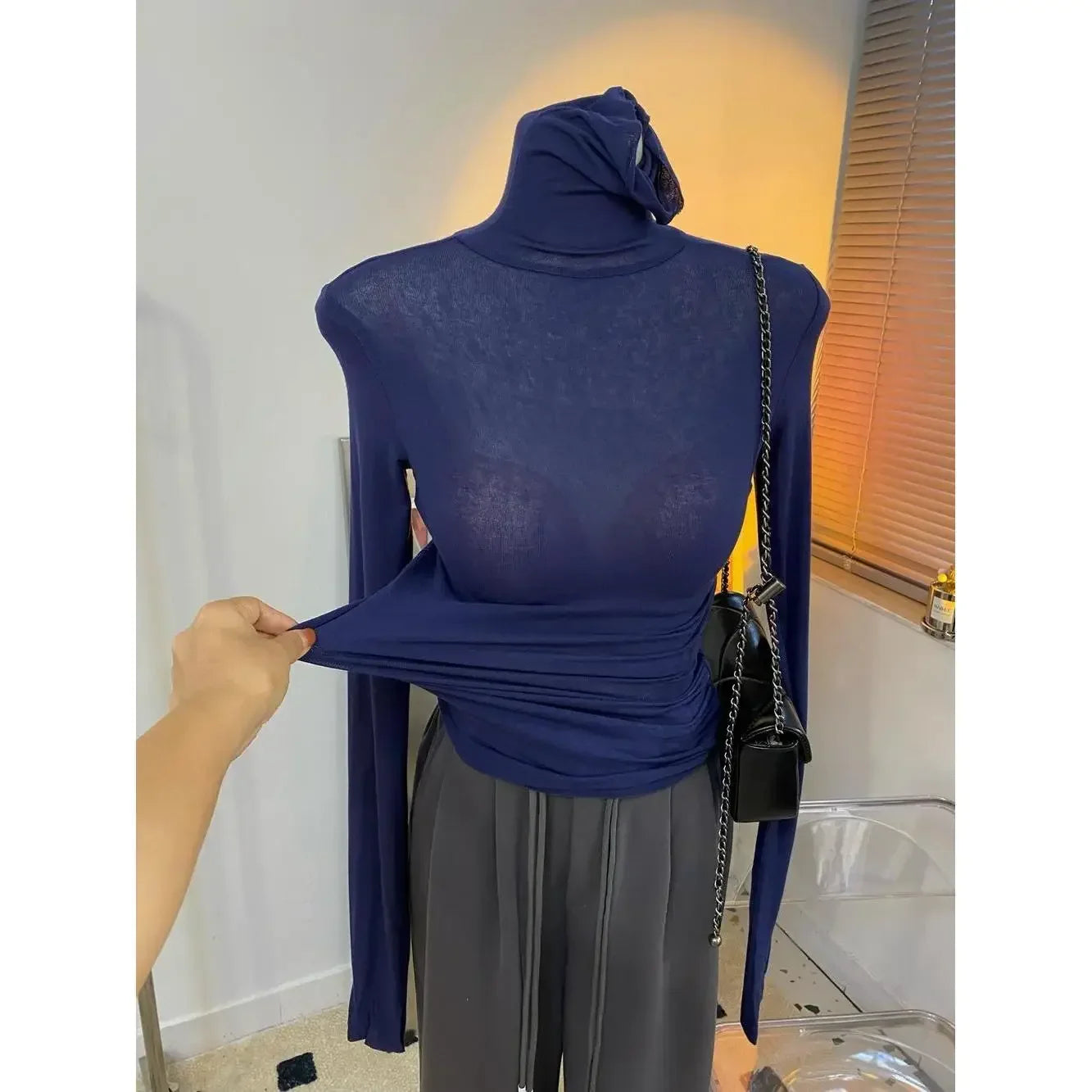 Wholesale High Strecth Thin Top Basic Slim Microtransparent T Shirts Turtleneck Long Sleeve Solid Women Pile Collar T Shirt