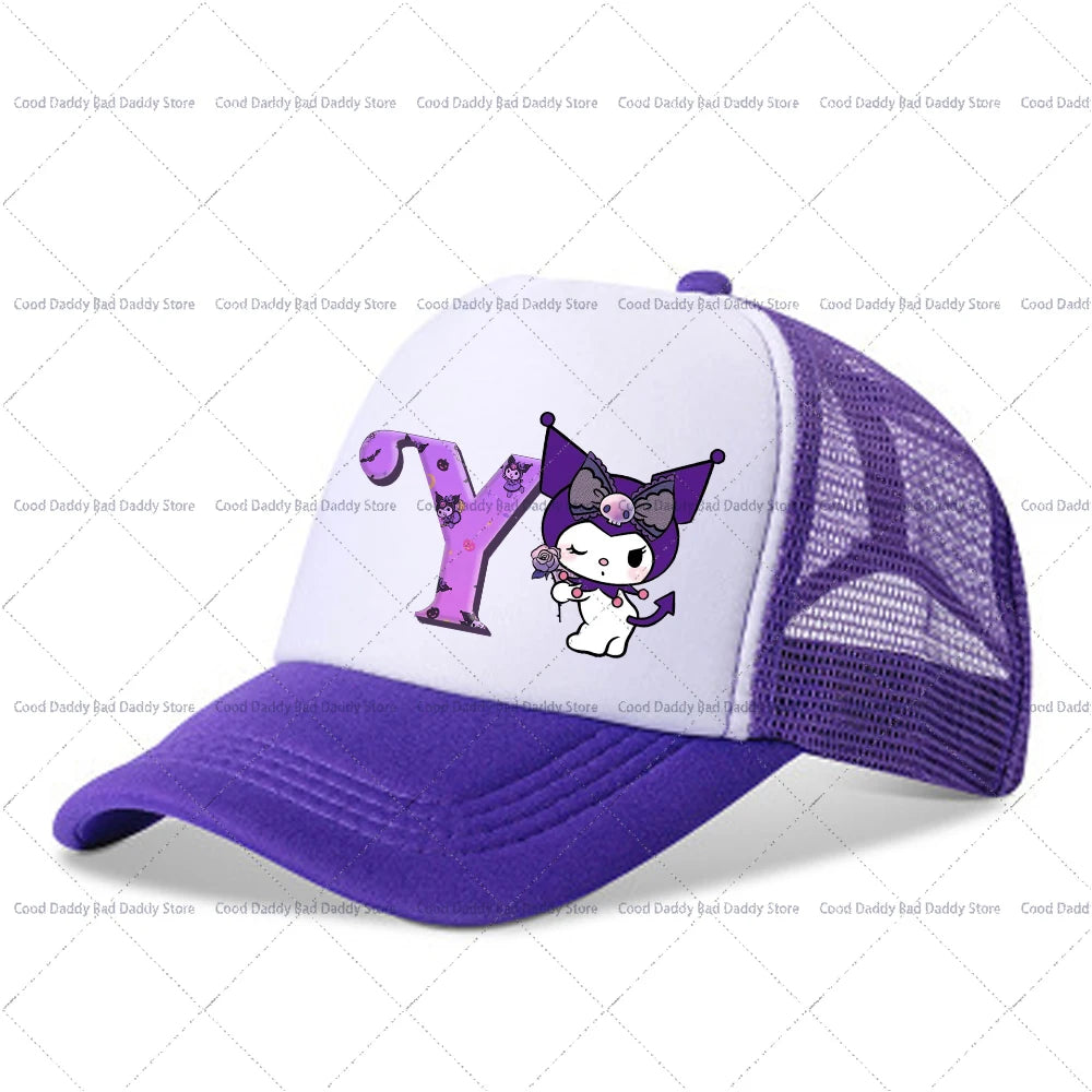 Kuromi A-Z Letter Printed Baseball Caps Adult Kids Purple Hats Summer Casquette Sanrio Y2K Graphic Beanies Kawaii Accessories