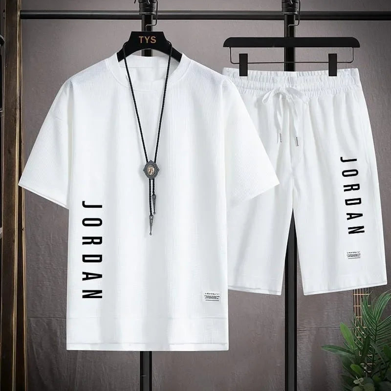 Summer fashion short-sleeved casual crew neck T-shirt + shorts two-piece men's breathable fast drying jogging basketball sports