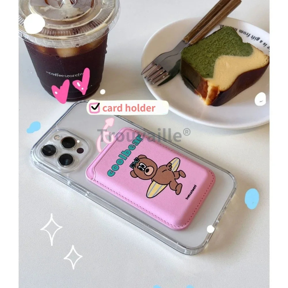 Trouvaille Magnetic Card Holder for Magsafe Phone Case Cute Korea Bear PU Macsafe Pink Girl for iPhone Accessoriess Samsung