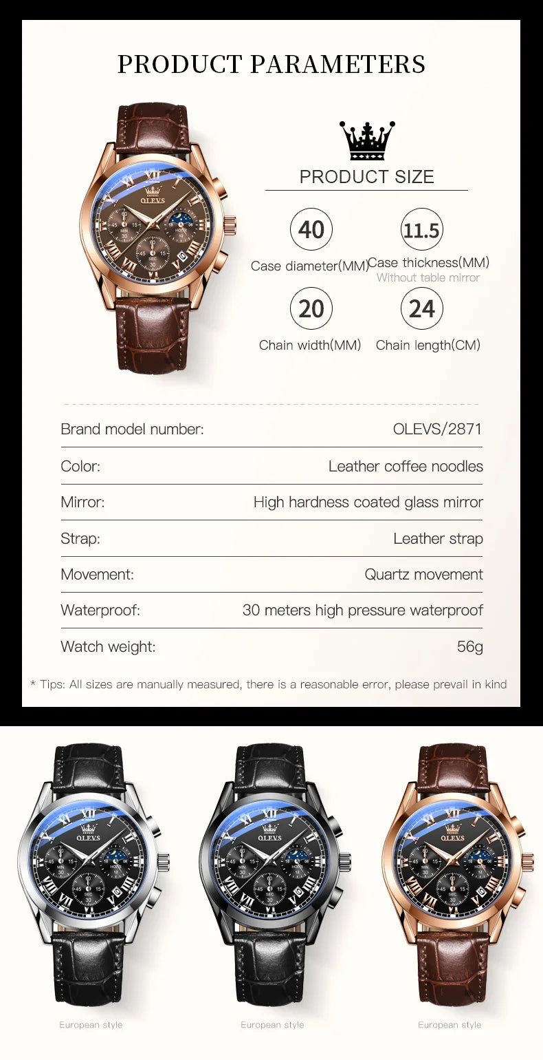 OLEVS Original Brand Men's Watches Multifunctional Moon Phase Business Quartz Watch Waterproof Luminous Leather Strap Male