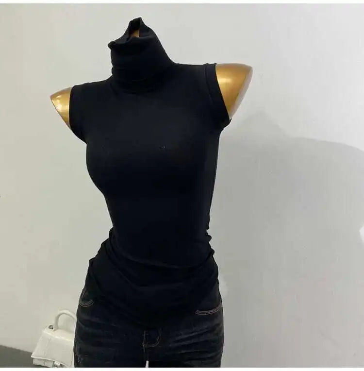 Wholesale New Base Slim T Shirts Women New Summer Crop Top Turtleneck High Strecth Sleeveless Basic Simple Skinny Solid T Shirt