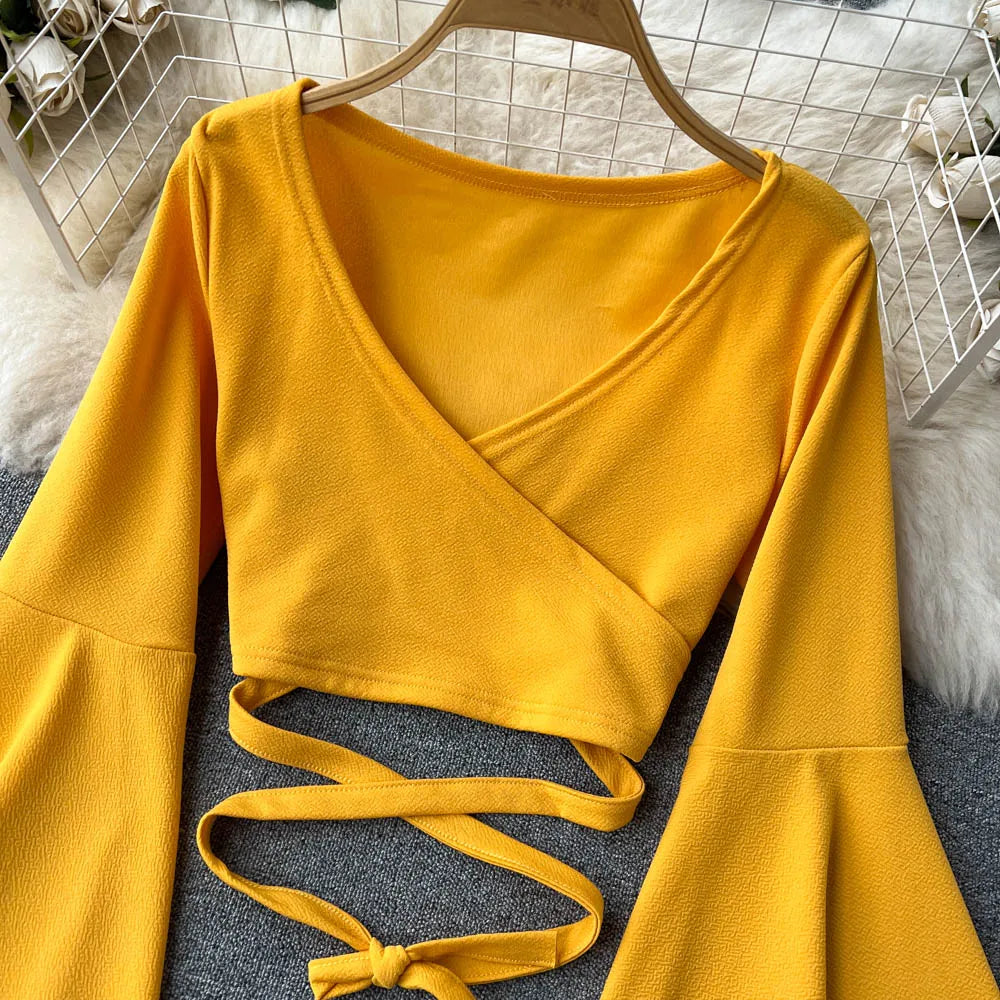 Chic Sexy Flare Long Sleeve T shirt Elegant Criss-cross Bandage Crop Top V Neck Vintage Fashion Tees Female Spring Summer Shirt