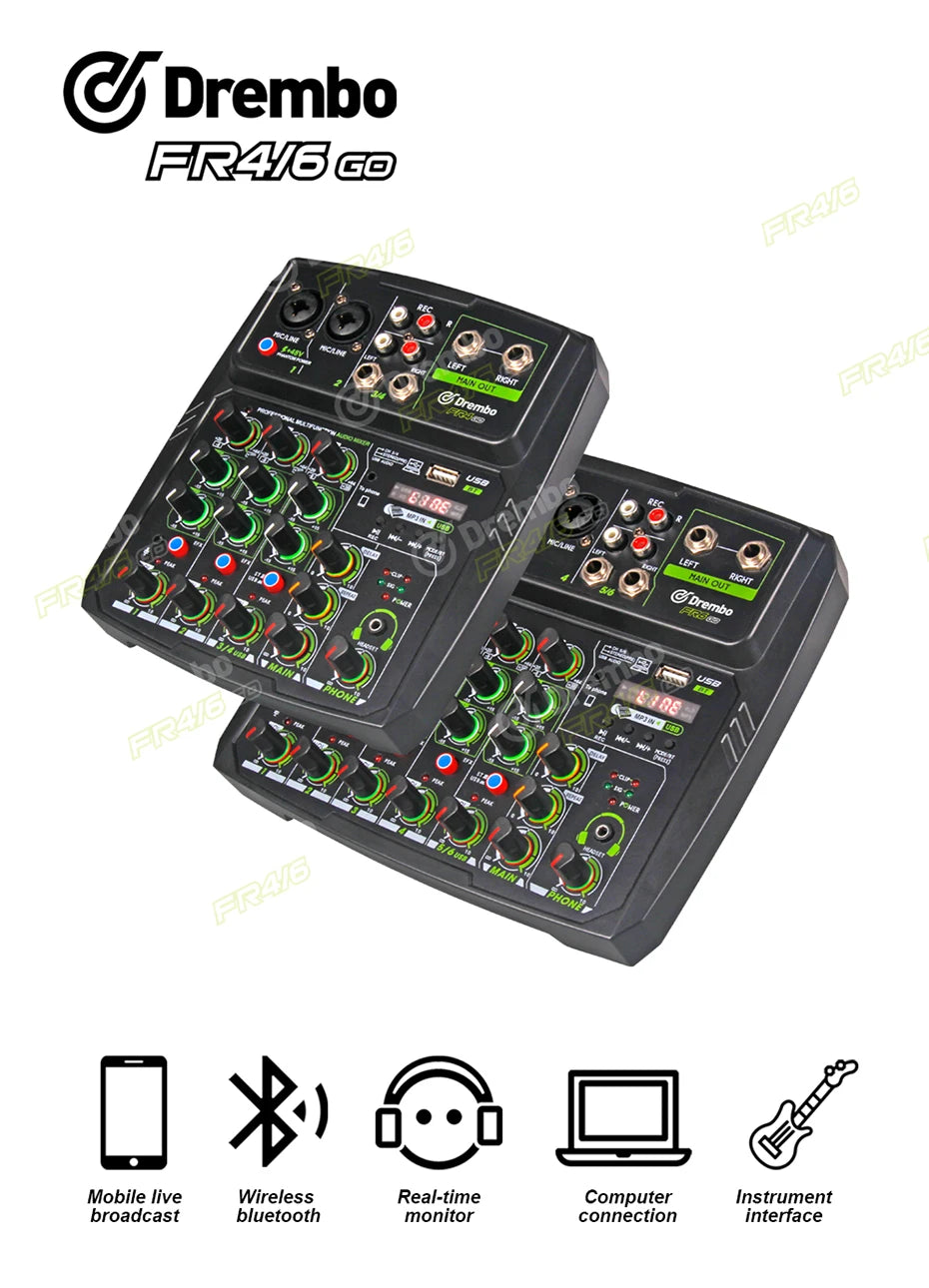 Debra 4/6 Channel Mixer Audio Mixer, DJ Console Mixer with Bluetooth 48V Phantom Power Delay Replay Effects for Bar Gigs