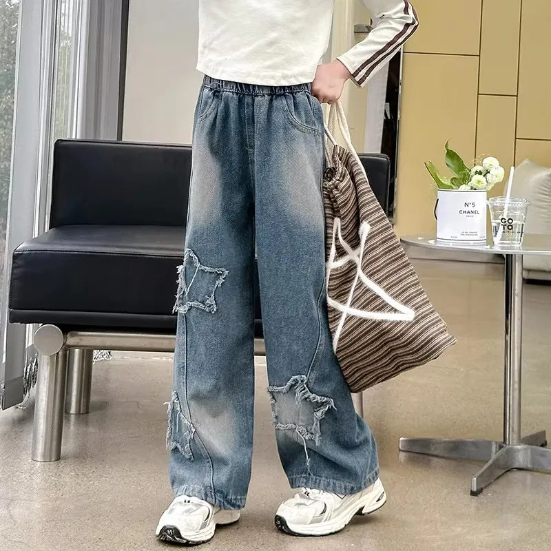 School Girl Star Design Jeans Trouser Teens Casual Loose Jeans for Girls Elastic Waist Fashion Kids Straight Fit Pants 5 To 14 Y