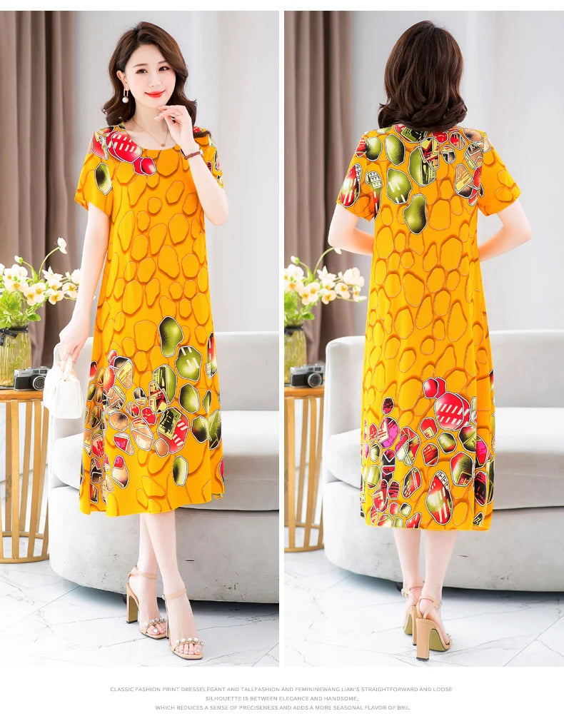 New Fashion 2024 Summer Dress For Long Vintage Loose Women Elegant Short Sleeve Casual O-neck Dresses Print Woman Clothing